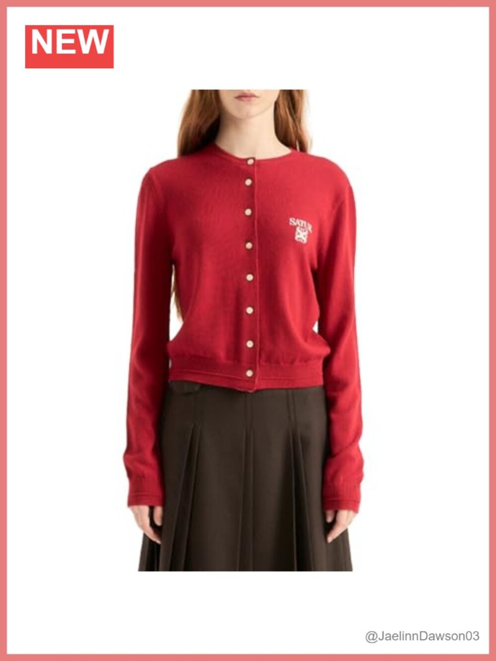 Acrylic Wool Blend Crewneck Button-Front Cardigan with Logo